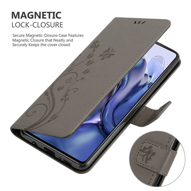 Cadorabo Hoesje geschikt voor Xiaomi 11T / 11T PRO in BLOEMEN GRIJS - Beschermhoes Case Cover Bloemen magnetische