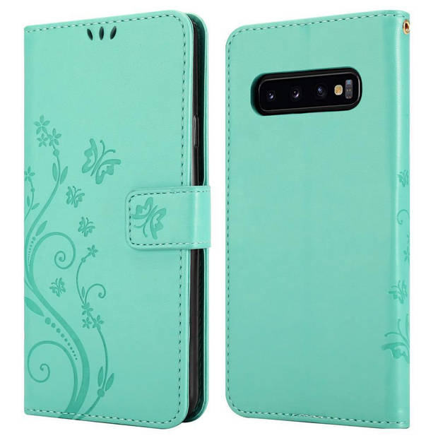 Cadorabo Hoesje geschikt voor Samsung Galaxy S10 4G in BLOEMEN TURKOOIS - Beschermhoes Case Cover Bloemen magnetische