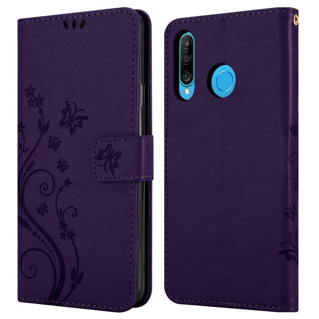 Cadorabo Hoesje geschikt voor Huawei P30 LITE in BLOEMEN DONKER PAARS - Beschermhoes Case Cover Bloemen magnetische