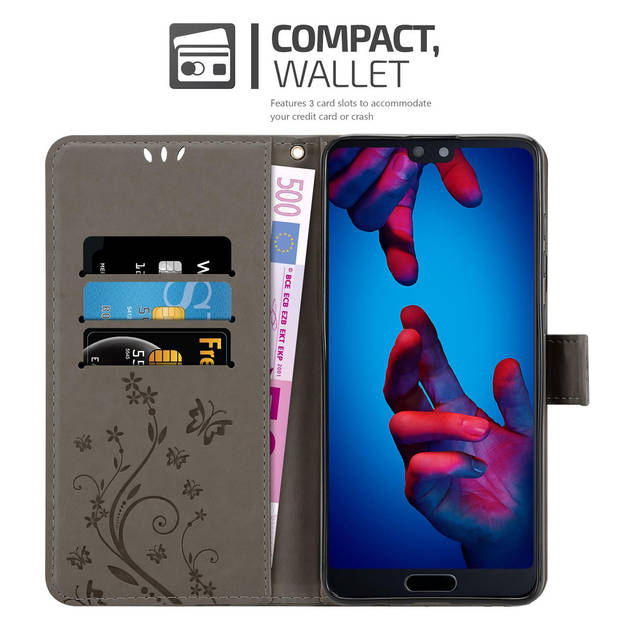 Cadorabo Hoesje geschikt voor Huawei P20 in BLOEMEN GRIJS - Beschermhoes Case Cover Bloemen magnetische sluiting