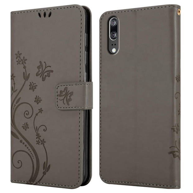 Cadorabo Hoesje geschikt voor Huawei P20 in BLOEMEN GRIJS - Beschermhoes Case Cover Bloemen magnetische sluiting