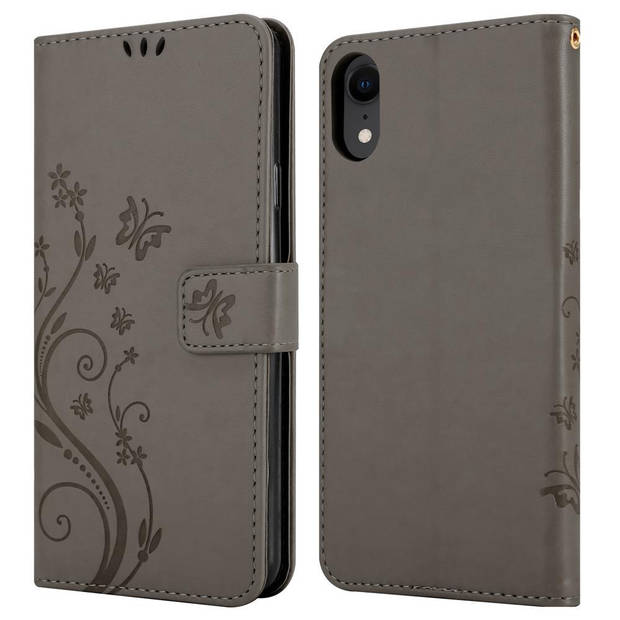 Cadorabo Hoesje geschikt voor Apple iPhone XR in BLOEMEN GRIJS - Beschermhoes Case Cover Bloemen magnetische sluiting