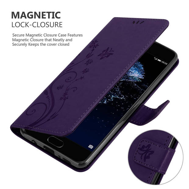 Cadorabo Hoesje geschikt voor Huawei P10 PLUS in BLOEMEN DONKER PAARS - Beschermhoes Case Cover Bloemen magnetische