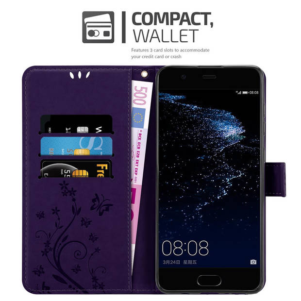 Cadorabo Hoesje geschikt voor Huawei P10 PLUS in BLOEMEN DONKER PAARS - Beschermhoes Case Cover Bloemen magnetische