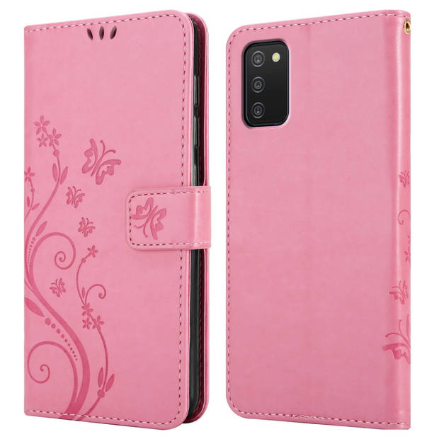 Cadorabo Hoesje geschikt voor Samsung Galaxy A03s in BLOEMEN ROZE - Beschermhoes Case Cover Bloemen magnetische sluiting