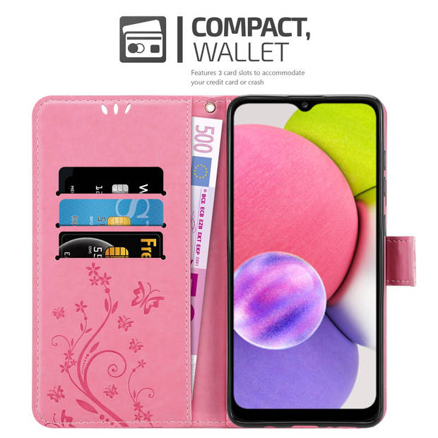 Cadorabo Hoesje geschikt voor Samsung Galaxy A03s in BLOEMEN ROZE - Beschermhoes Case Cover Bloemen magnetische sluiting