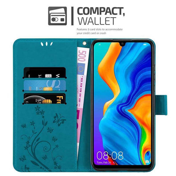 Cadorabo Hoesje geschikt voor Huawei P30 LITE in BLOEMEN BLAUW - Beschermhoes Case Cover Bloemen magnetische sluiting