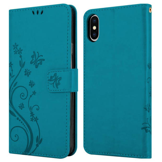 Cadorabo Hoesje geschikt voor Apple iPhone X / XS in BLOEMEN BLAUW - Beschermhoes Case Cover Bloemen magnetische