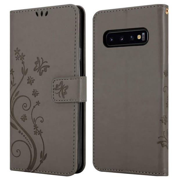 Cadorabo Hoesje geschikt voor Samsung Galaxy S10 PLUS in BLOEMEN GRIJS - Beschermhoes Case Cover Bloemen magnetische