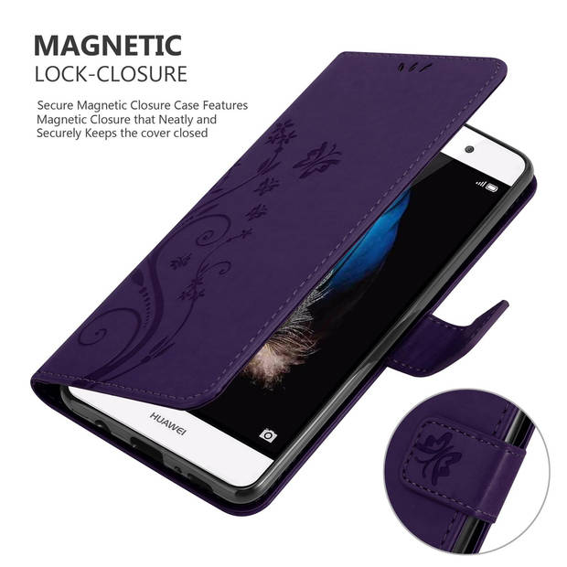 Cadorabo Hoesje geschikt voor Huawei P8 LITE 2015 in BLOEMEN DONKER PAARS - Beschermhoes Case Cover Bloemen magnetische