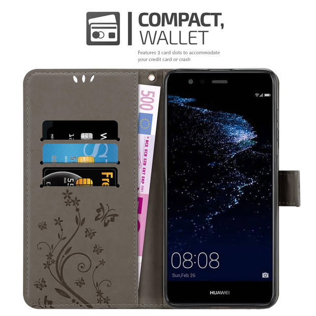 Cadorabo Hoesje geschikt voor Huawei P10 LITE in BLOEMEN GRIJS - Beschermhoes Case Cover Bloemen magnetische sluiting