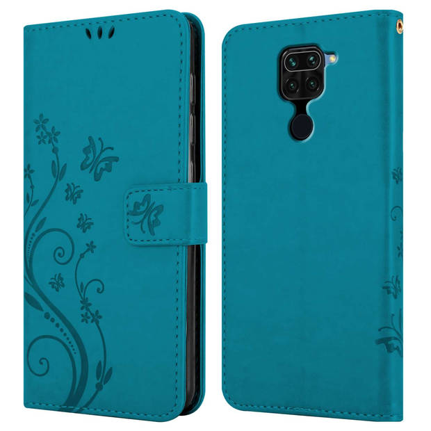 Cadorabo Hoesje geschikt voor Xiaomi RedMi NOTE 9 in BLOEMEN BLAUW - Beschermhoes Case Cover Bloemen magnetische