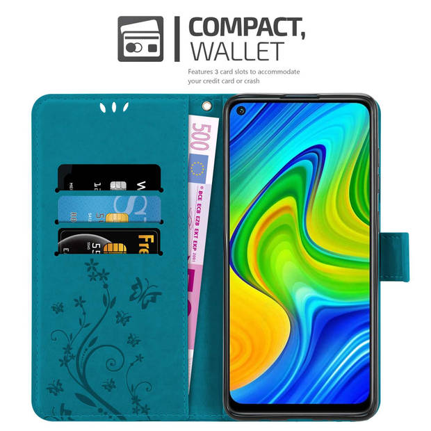 Cadorabo Hoesje geschikt voor Xiaomi RedMi NOTE 9 in BLOEMEN BLAUW - Beschermhoes Case Cover Bloemen magnetische