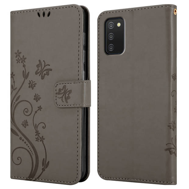 Cadorabo Hoesje geschikt voor Samsung Galaxy A03s in BLOEMEN GRIJS - Beschermhoes Case Cover Bloemen magnetische
