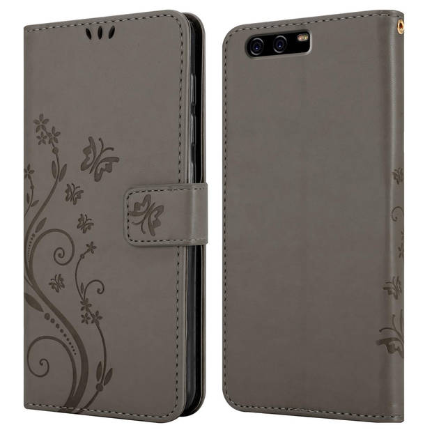 Cadorabo Hoesje geschikt voor Huawei P10 PLUS in BLOEMEN GRIJS - Beschermhoes Case Cover Bloemen magnetische sluiting