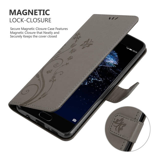 Cadorabo Hoesje geschikt voor Huawei P10 PLUS in BLOEMEN GRIJS - Beschermhoes Case Cover Bloemen magnetische sluiting