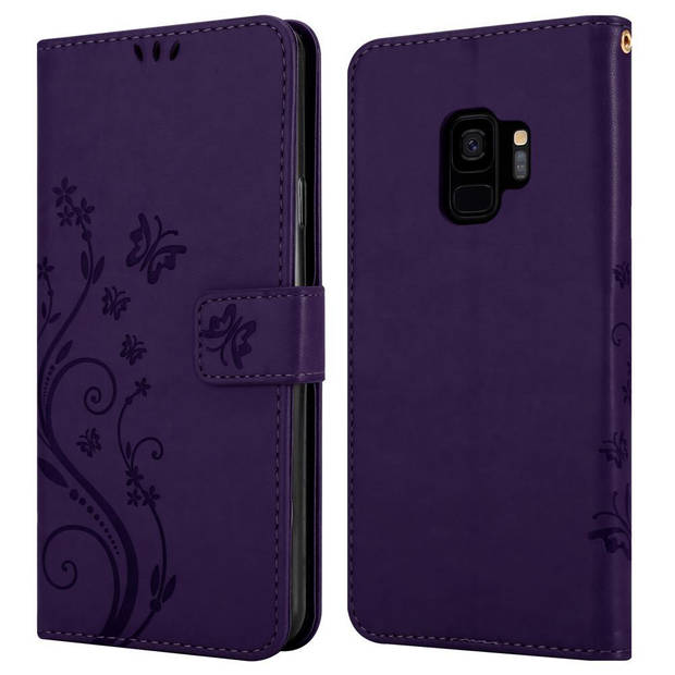 Cadorabo Hoesje geschikt voor Samsung Galaxy S9 in BLOEMEN DONKER PAARS - Beschermhoes Case Cover Bloemen magnetische