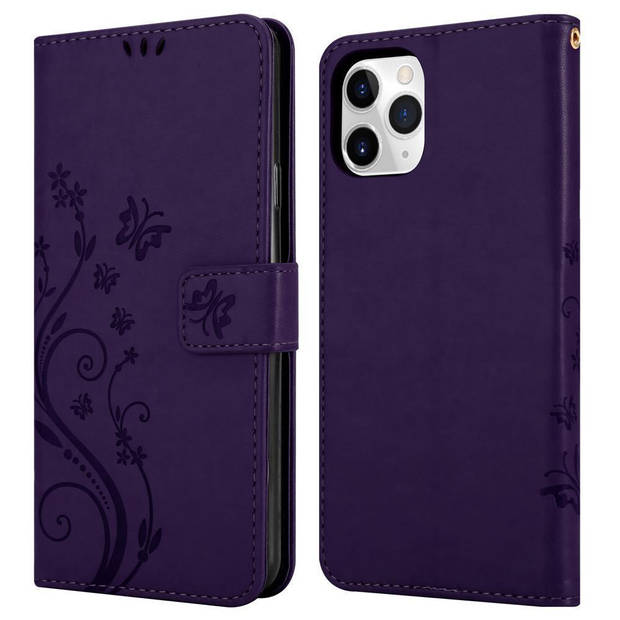 Cadorabo Hoesje geschikt voor Apple iPhone 11 PRO in BLOEMEN DONKER PAARS - Beschermhoes Case Cover Bloemen magnetische