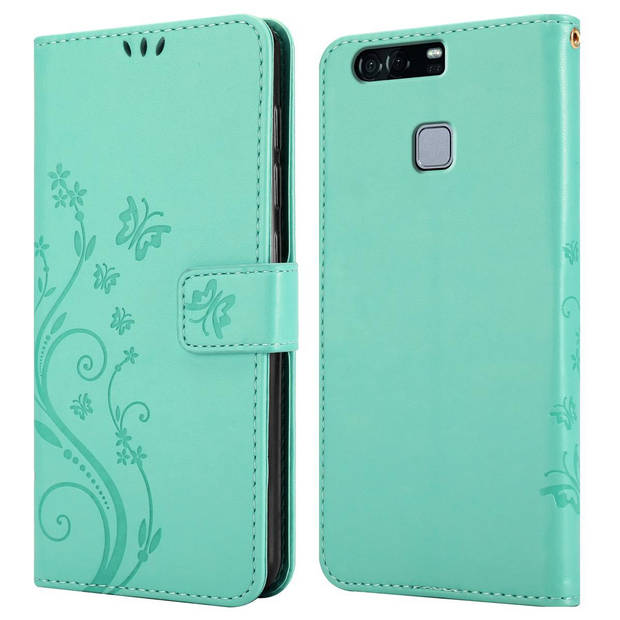 Cadorabo Hoesje geschikt voor Huawei P9 in BLOEMEN TURKOOIS - Beschermhoes Case Cover Bloemen magnetische sluiting