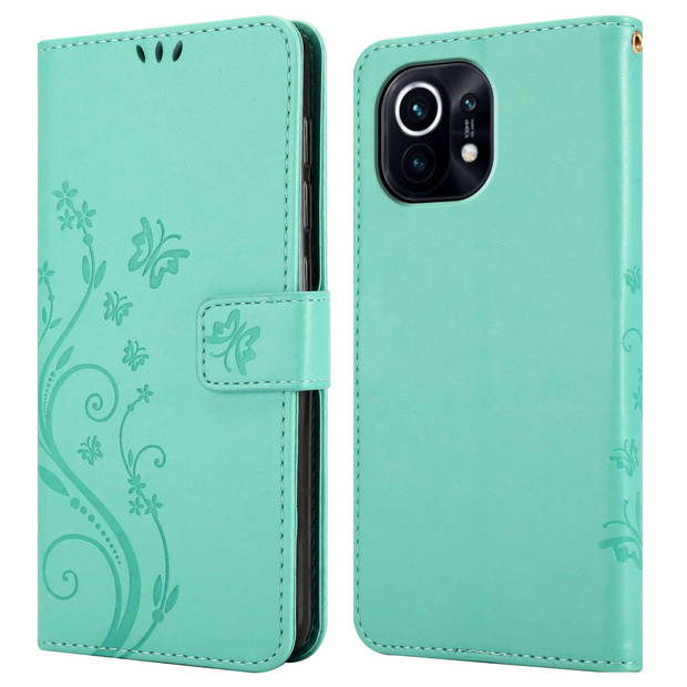 Cadorabo Hoesje geschikt voor Xiaomi Mi 11 5G in Turkoois - Beschermhoes Case Cover Bloemen magnetische sluiting