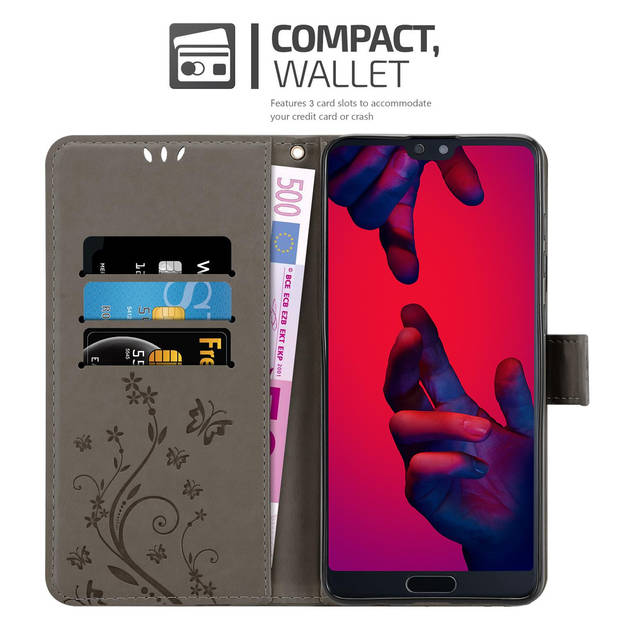 Cadorabo Hoesje geschikt voor Huawei P20 PRO / P20 PLUS in BLOEMEN GRIJS - Beschermhoes Case Cover Bloemen magnetische