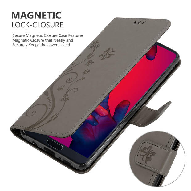 Cadorabo Hoesje geschikt voor Huawei P20 PRO / P20 PLUS in BLOEMEN GRIJS - Beschermhoes Case Cover Bloemen magnetische