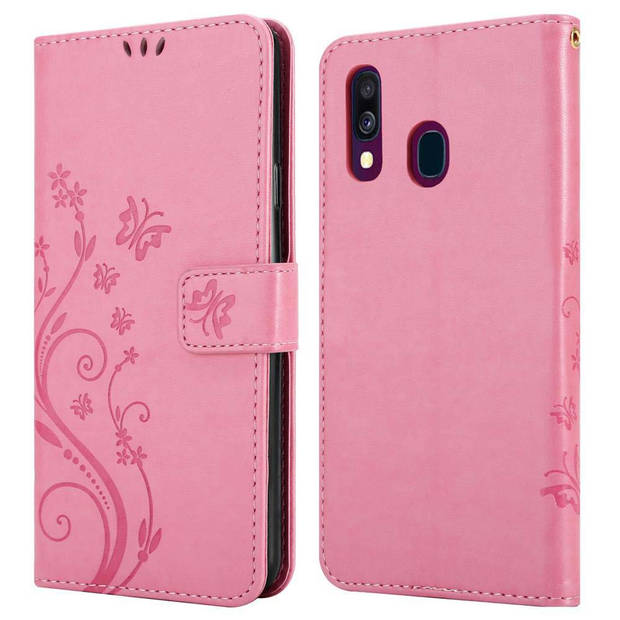 Cadorabo Hoesje geschikt voor Samsung Galaxy A40 in BLOEMEN ROZE - Beschermhoes Case Cover Bloemen magnetische sluiting