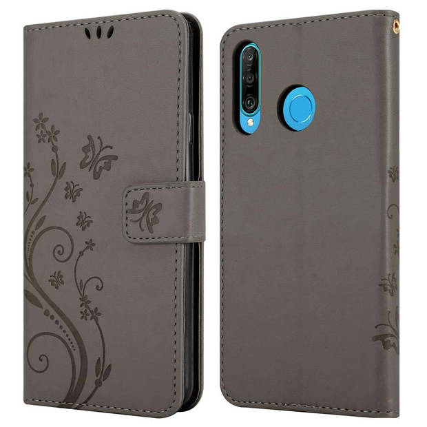 Cadorabo Hoesje geschikt voor Huawei P30 LITE in BLOEMEN GRIJS - Beschermhoes Case Cover Bloemen magnetische sluiting