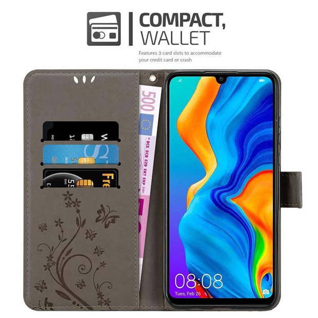 Cadorabo Hoesje geschikt voor Huawei P30 LITE in BLOEMEN GRIJS - Beschermhoes Case Cover Bloemen magnetische sluiting