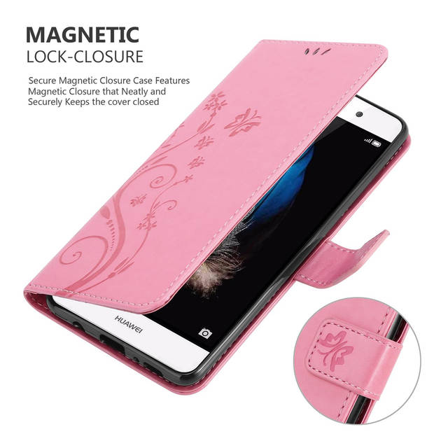 Cadorabo Hoesje geschikt voor Huawei P8 LITE 2015 in BLOEMEN ROZE - Beschermhoes Case Cover Bloemen magnetische sluiting