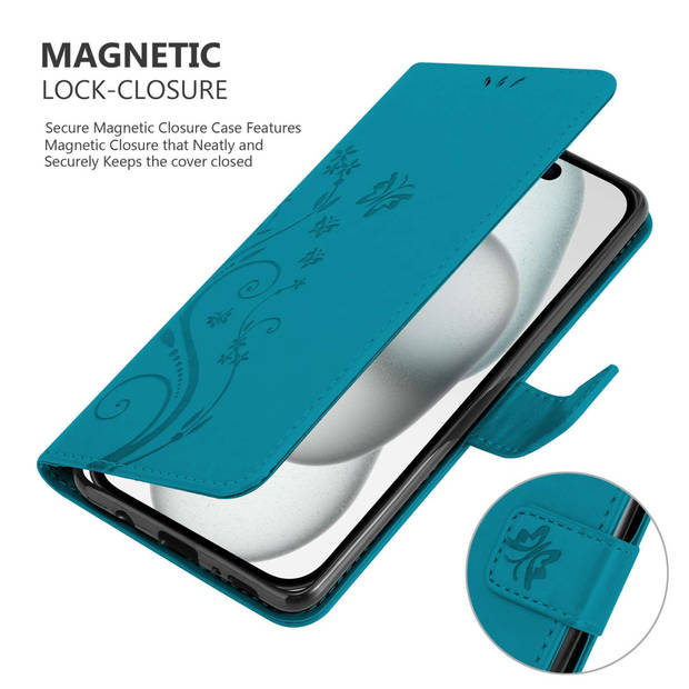 Cadorabo Hoesje geschikt voor Apple iPhone 15 PLUS in BLOEMEN BLAUW - Beschermhoes Case Cover Bloemen magnetische