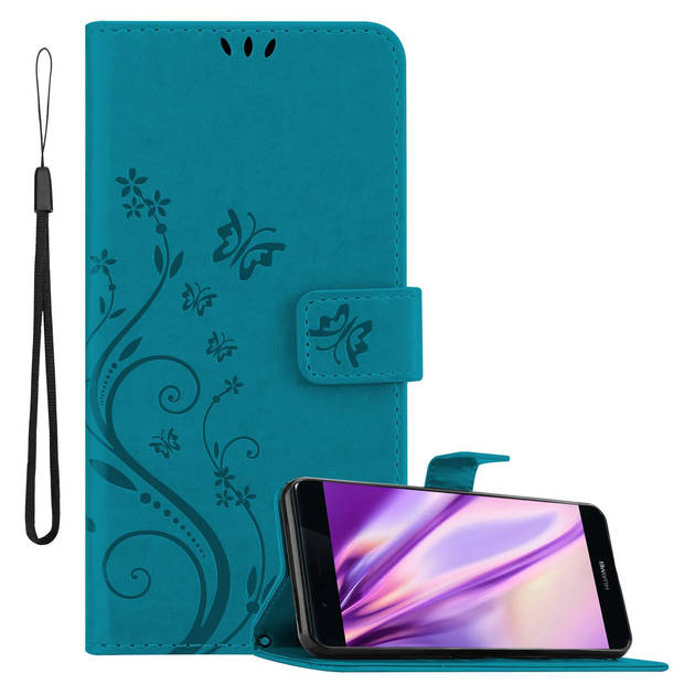 Cadorabo Hoesje geschikt voor Huawei P9 in BLOEMEN BLAUW - Beschermhoes Case Cover Bloemen magnetische sluiting