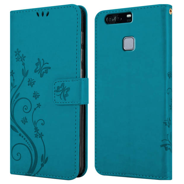 Cadorabo Hoesje geschikt voor Huawei P9 in BLOEMEN BLAUW - Beschermhoes Case Cover Bloemen magnetische sluiting