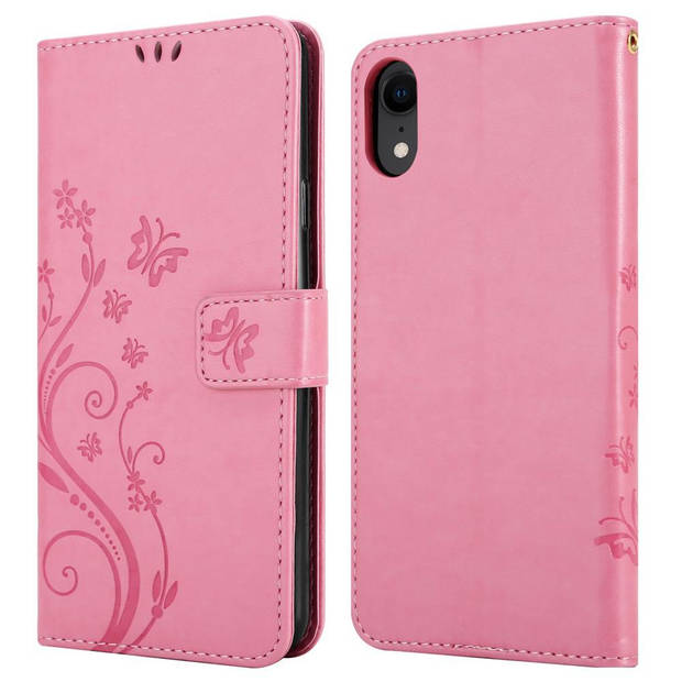 Cadorabo Hoesje geschikt voor Apple iPhone XR in BLOEMEN ROZE - Beschermhoes Case Cover Bloemen magnetische sluiting