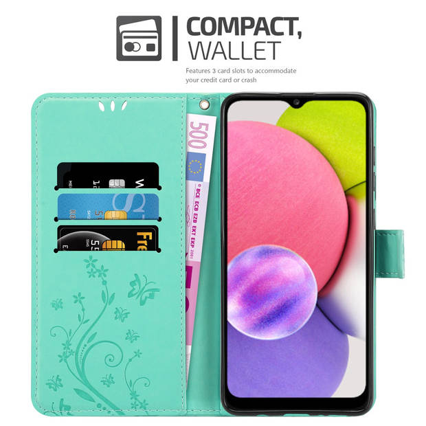 Cadorabo Hoesje geschikt voor Samsung Galaxy A03s in BLOEMEN TURKOOIS - Beschermhoes Case Cover Bloemen magnetische