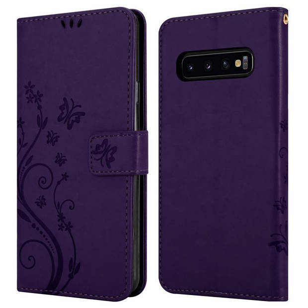 Cadorabo Hoesje geschikt voor Samsung Galaxy S10 4G in BLOEMEN DONKER PAARS - Beschermhoes Case Cover Bloemen