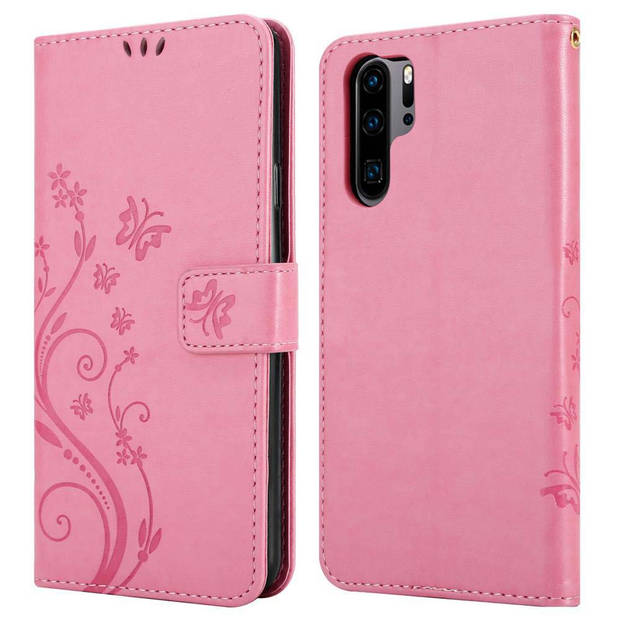 Cadorabo Hoesje geschikt voor Huawei P30 PRO in BLOEMEN ROZE - Beschermhoes Case Cover Bloemen magnetische sluiting