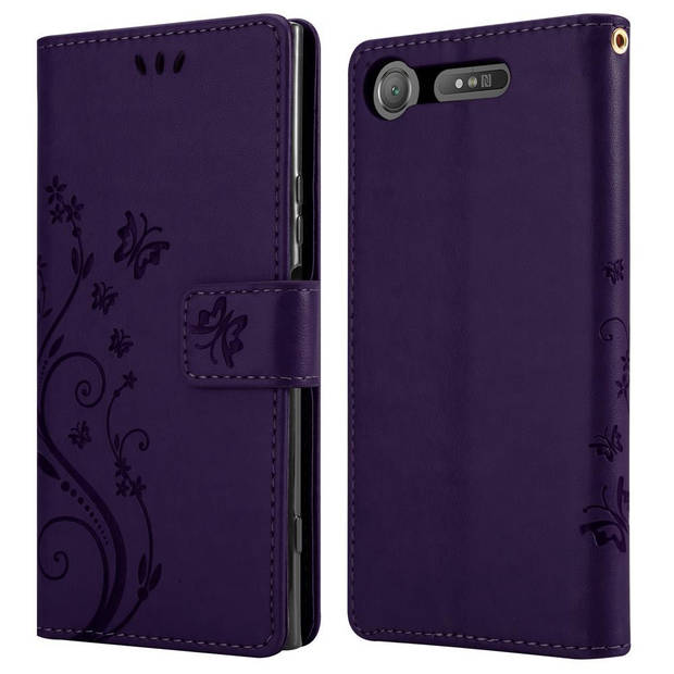 Cadorabo Hoesje geschikt voor Sony Xperia XZ1 in BLOEMEN DONKER PAARS - Beschermhoes Case Cover Bloemen magnetische