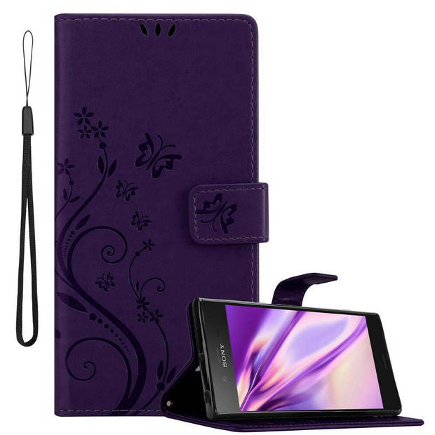 Cadorabo Hoesje geschikt voor Sony Xperia XZ1 in BLOEMEN DONKER PAARS - Beschermhoes Case Cover Bloemen magnetische