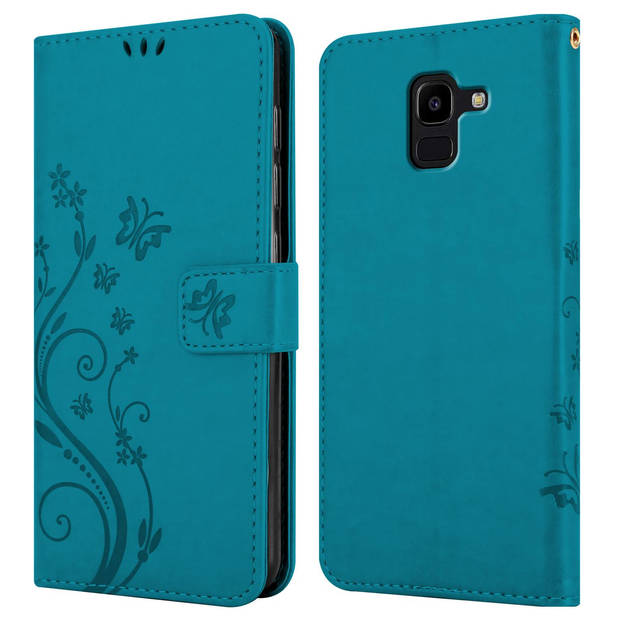 Cadorabo Hoesje geschikt voor Samsung Galaxy J6 2018 in BLOEMEN BLAUW - Beschermhoes Case Cover Bloemen magnetische