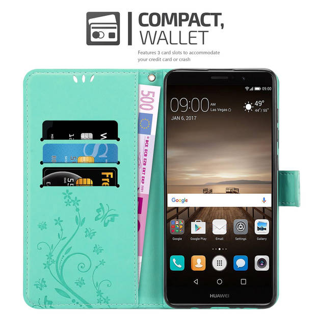 Cadorabo Hoesje geschikt voor Huawei MATE 9 in BLOEMEN TURKOOIS - Beschermhoes Case Cover Bloemen magnetische sluiting