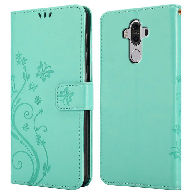 Cadorabo Hoesje geschikt voor Huawei MATE 9 in BLOEMEN TURKOOIS - Beschermhoes Case Cover Bloemen magnetische sluiting