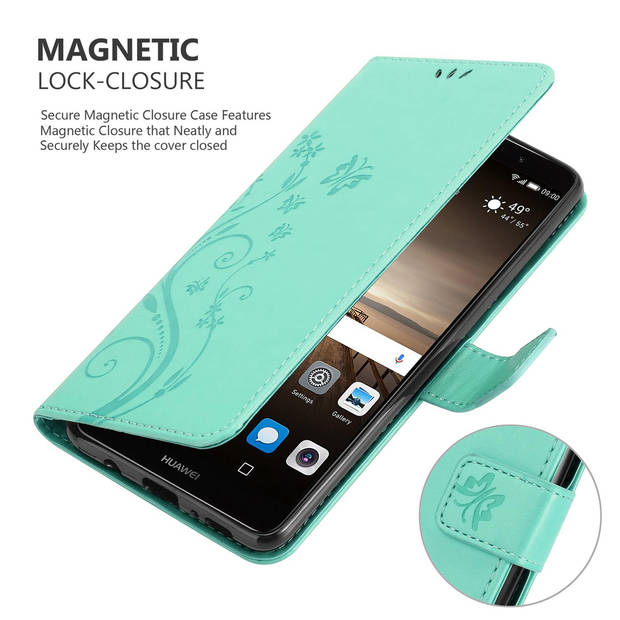 Cadorabo Hoesje geschikt voor Huawei MATE 9 in BLOEMEN TURKOOIS - Beschermhoes Case Cover Bloemen magnetische sluiting