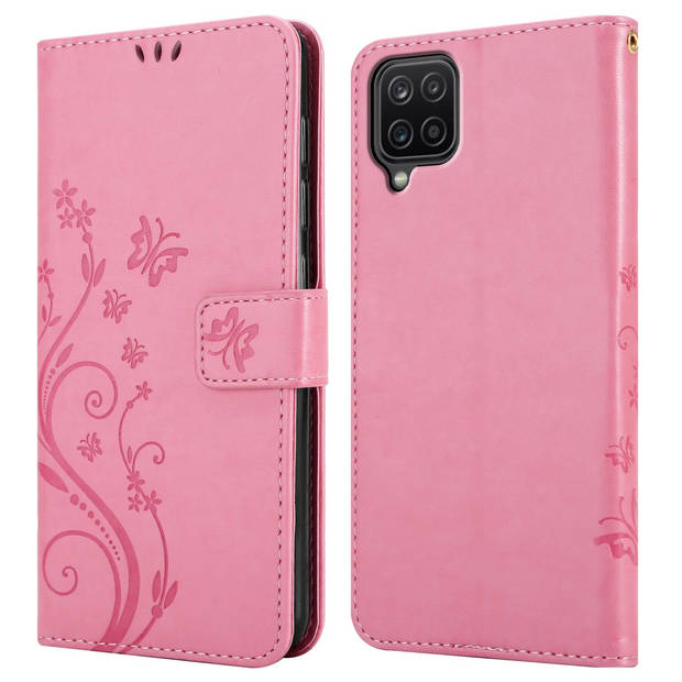 Cadorabo Hoesje geschikt voor Samsung Galaxy A12 / M12 in BLOEMEN ROZE - Beschermhoes Case Cover Bloemen magnetische