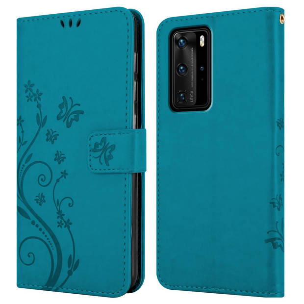 Cadorabo Hoesje geschikt voor Huawei P40 PRO / P40 PRO+ in BLOEMEN BLAUW - Beschermhoes Case Cover Bloemen magnetische