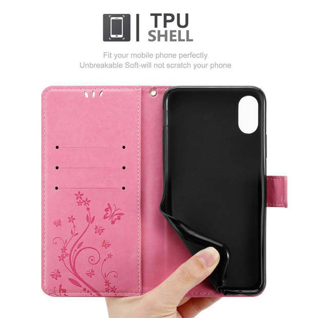 Cadorabo Hoesje geschikt voor Apple iPhone X / XS in BLOEMEN ROZE - Beschermhoes Case Cover Bloemen magnetische sluiting