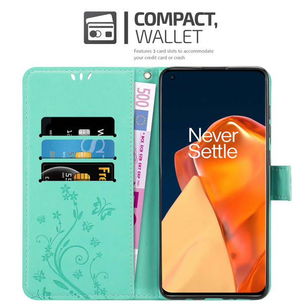 Cadorabo Hoesje geschikt voor OnePlus 9 PRO in BLOEMEN TURKOOIS - Beschermhoes Case Cover Bloemen magnetische sluiting