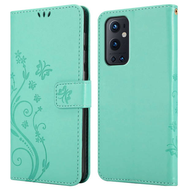 Cadorabo Hoesje geschikt voor OnePlus 9 PRO in BLOEMEN TURKOOIS - Beschermhoes Case Cover Bloemen magnetische sluiting