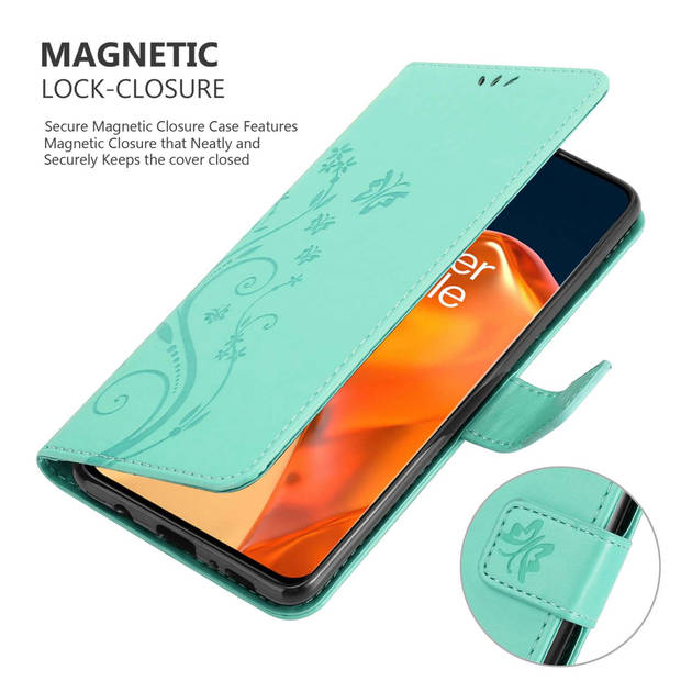 Cadorabo Hoesje geschikt voor OnePlus 9 PRO in BLOEMEN TURKOOIS - Beschermhoes Case Cover Bloemen magnetische sluiting