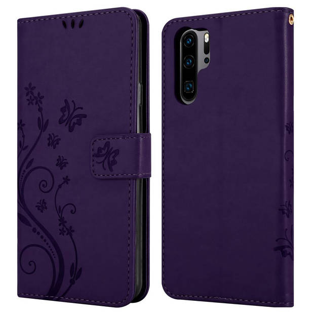 Cadorabo Hoesje geschikt voor Huawei P30 PRO in BLOEMEN DONKER PAARS - Beschermhoes Case Cover Bloemen magnetische